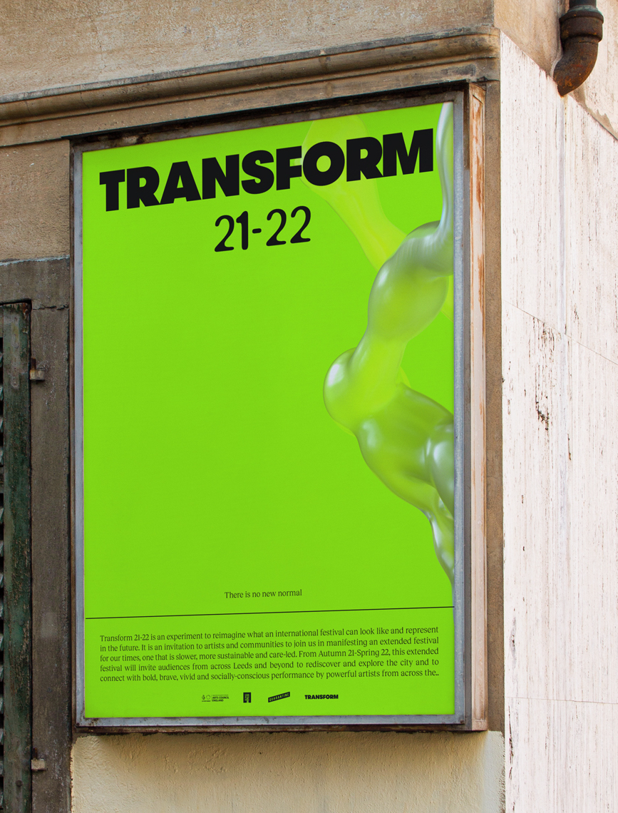 A photograph of a poster for Transform Festival for the year of 21/22 on a street corner